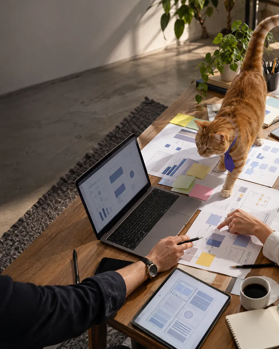 El gato de Wenü revisando wireframes sobre la mesa de trabajo